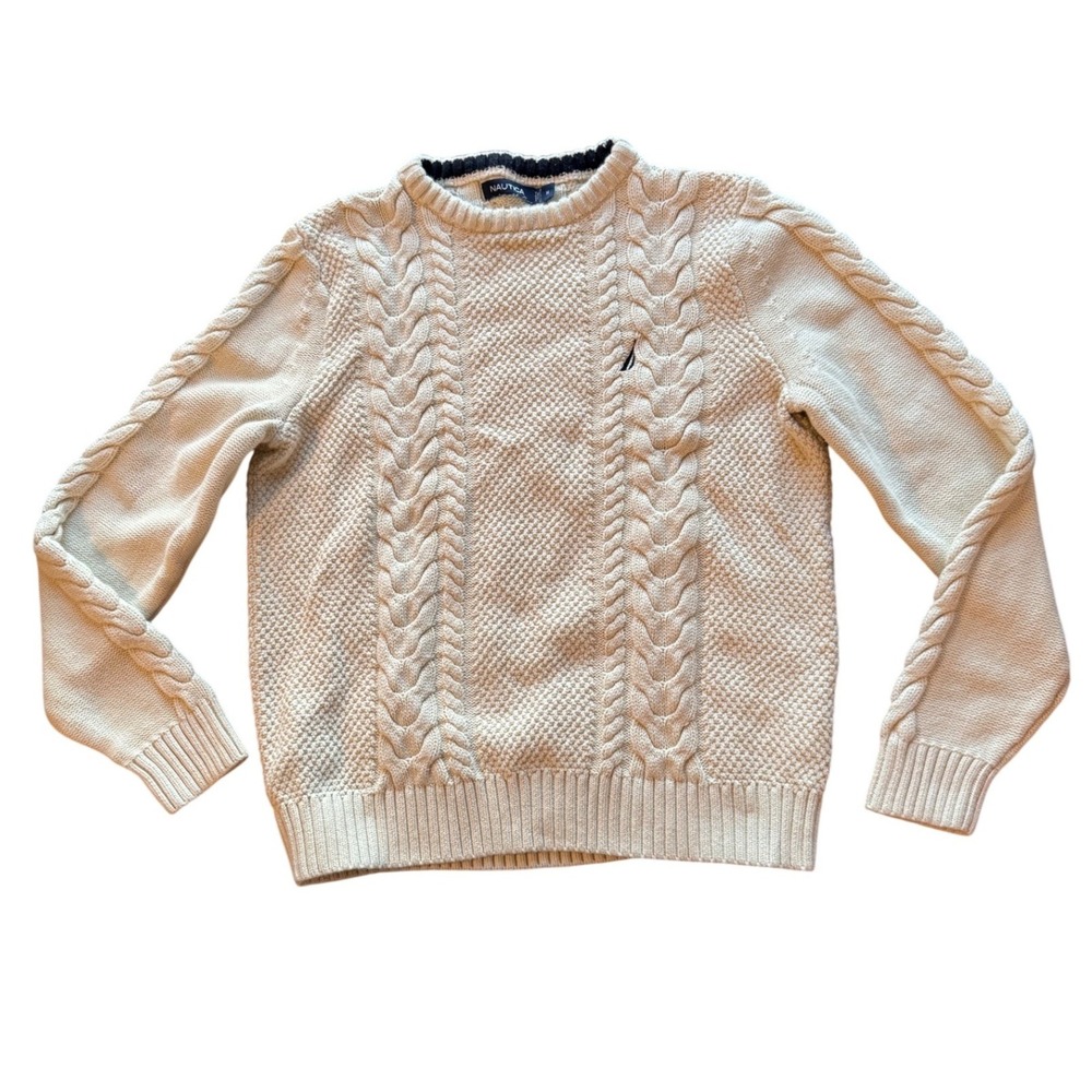 Nautica Mens Cream‎ Cable Knit Crew Neck Sweater Size M
